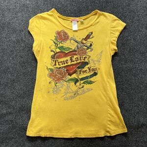 Max Rave Shirt Womens XL Yellow True Love Heart Dagger Roses Graphic Tee Tattoo